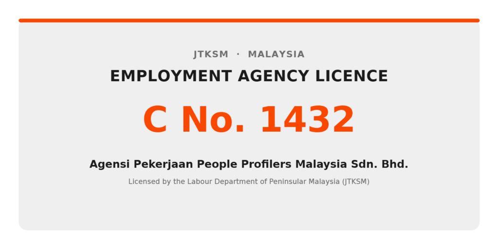 JTKSM Employment Agency Licence C No. 1432, Agensi Pekerjaan People Profilers Malaysia Sdn. Bhd.